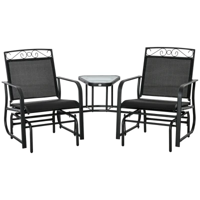 Outsunny Outdoor Glider Bench with Coffee Table, Patio 2-Seat Rocking Chair Swing Loveseat with Breathable Sling for Backyard Garden Porch, Black