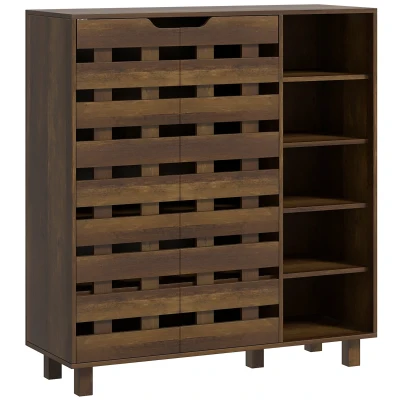 HOMCOM Shoe Cabinet, 21 Pair Shoe Storage Cabinet Organizer with 5-tier Double Door Cupboard and 5-tier Open Shelves, Brown