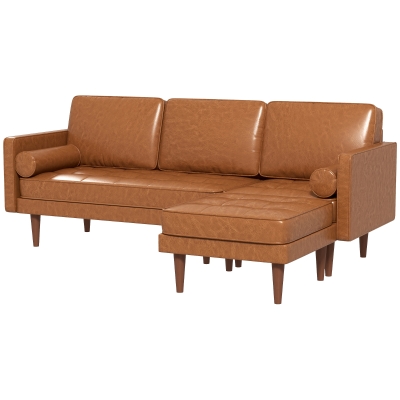 HOMCOM Faux Leather Sectional Sofa Couch L-Shaped Corner Sofa Set with Footstool and 2 Bolster Pillows, Brown