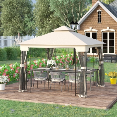 Outsunny 10'x10' Soft-top Patio Gazebo with Double Tier Roof, Mesh Curtains, Display Shelves, Top Hooks, Cream