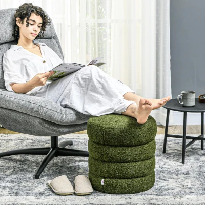 HOMCOM Round Upholstered Ottoman, Teddy Fleece Foot Stool, Green