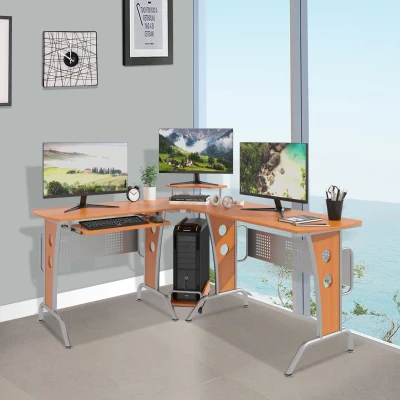 HOMCOM L-Shaped Corner Office Desk with Elevated Shelf, Wood