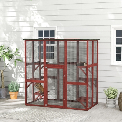 PawHut 71" x 39" x 71" Cat Cage, Large Outdoor Wooden Cat Patio with 6 Balanced Platforms and Asphalt Roof, Wine Red
