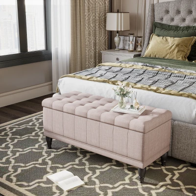 HOMCOM Tufted Storage Ottoman, Linen Bench, Beige