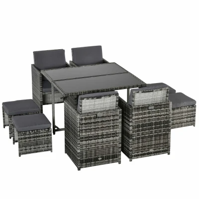 Outsunny 9 Pieces Wicker Patio Dining Set Outdoor Furniture Set with Removable Cushions, Glass Top Dining Table, Ottomans, PE Rattan Conversation Set for Garden Poolside, Grey