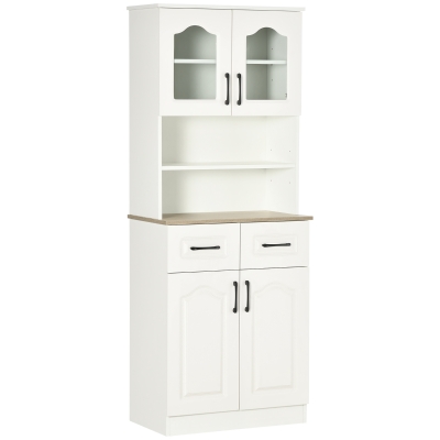 HOMCOM 66" Kitchen Pantry Cabinet, Freestanding Storage Cabinet with 2 Adjustable Shelves, 2 Drawers, Open Counter and Glass Doors, White