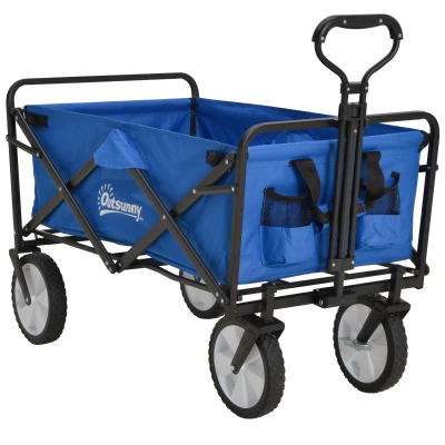 Outsunny Small Collapsible Folding Wagon Cart, Heavy Duty Outdoor Utility Garden Cart with Universal Wheels and Adjustable Handle for Camping Sports Shopping Beach, Dark Blue