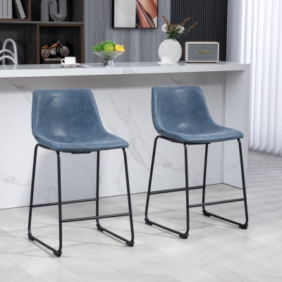 HOMCOM Counter Height Bar Stools Set of 2, Vintage PU Leather Bar Chairs, Kitchen Stools w/ Footrest for Home Bar, Blue