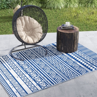 Outsunny Reversible Outdoor Rug, Patio Floor Mat, 6' x 9' Plastic Rug for Backyard, Deck, Beach, Camping, Dark Blue and White
