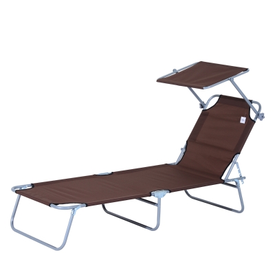 Outsunny Outdoor Lounge Chair, Adjustable Folding Chaise Lounge,  Tanning Chair with Sun Shade for Beach, Camping, Hiking, Backyard, Brown