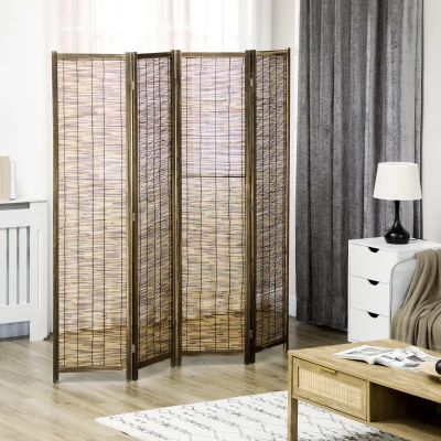 HOMCOM 4-Panel Hand-Woven Privacy Screen, Reed Room Divider, Brown