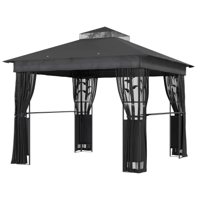 Outsunny 10' x 10' Outdoor Gazebo with Shelves and Netting, UV30+ Double Roof Patio Gazebo for Lawn, Backyard and Deck