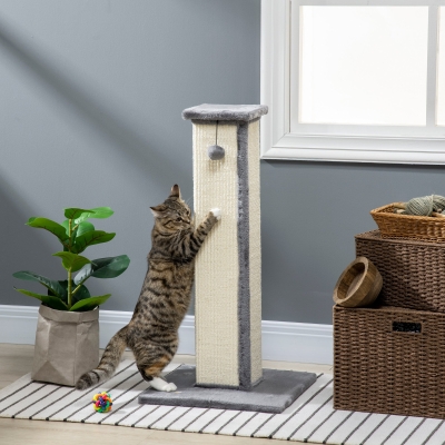 PawHut 32" Tall Cat Scratching Post for Indoor Cats and Kittens, Sisal Cat Scratcher with Hanging Ball Soft Plush, Grey