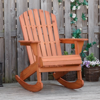 Outsunny Wooden Adirondack Rocking Muskoka Chair with Slatted Wooden Design, Fanned Back and Classic Rustic Style, Teak