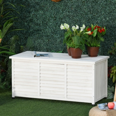 Outsunny 75 Gallon Wooden Storage Box patio Deck Box Bench, Garden Backyard Outdoor Storage Container with Aerating Gap & Weather-Fighting Finish, White