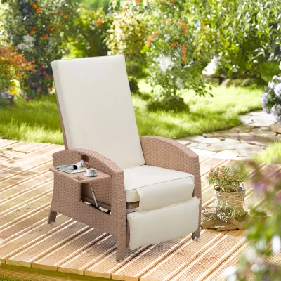 Outsunny Patio Recliner, Outdoor Wicker Chair with Side Table, Beige