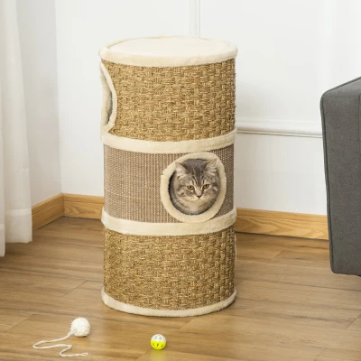 PawHut 28" Cat Condo, 3-Story Hideaway with Scratching Pad