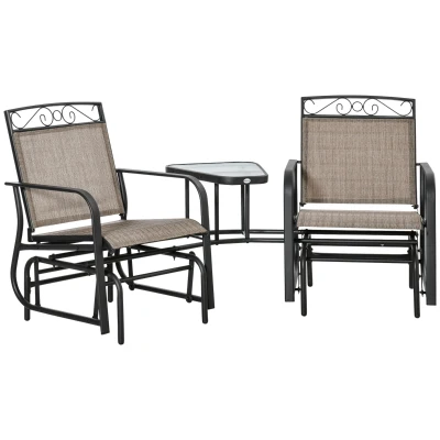 Outsunny Outdoor Glider Bench with Coffee Table, Patio 2-Seat Rocking Chair Swing Loveseat with Breathable Sling for Backyard Garden Porch, Brown
