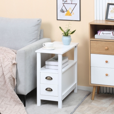 HOMCOM Slim End Table with 2 Drawers and Storage Shelf, Sofa Side Table for Living Room, Narrow Nightstand, White