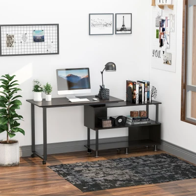 HOMCOM Mobile L-Shaped Rotating Desk with Storage, Coffee