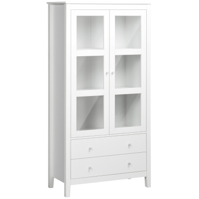 HOMCOM Kitchen Pantry Cabinet, Freestanding Storage Cabinet with 3-tier Shelves, 2 Drawers and Glass Doors, White