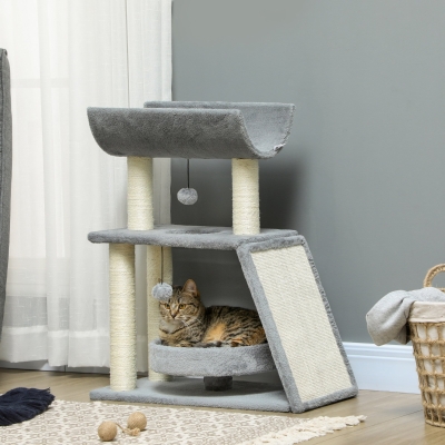 PawHut Small Cat Tree with Perch, Scratching Posts, Pad, Bed, Toy Balls, Light Grey