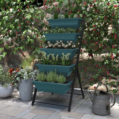 Outsunny 5-Tier Raised Garden Bed with 5 Planter Box, Outdoor Plant Stand Grow Containers with Leaking Holes, Green