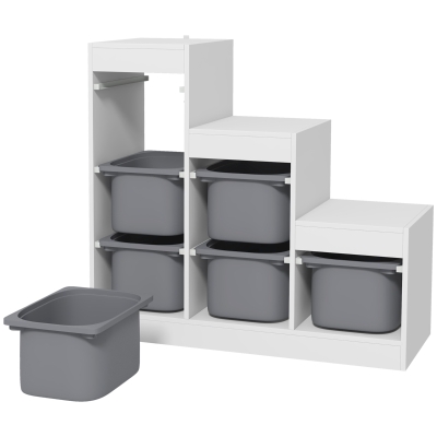 Qaba 3 Layers Toy Storage Organizer Kids Bookshelf Children Toy Storage w/ 6 Plastic Bins, White