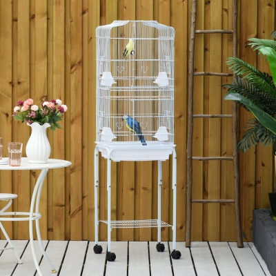 PawHut 62" Rolling Bird Cage Cockatoo House Play Top Finch Pet Supply with Storage Shelf, Wheels - White