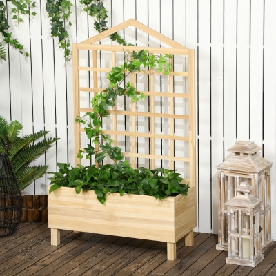 Outsunny Distressed Wood Planter Box with Trellis, Raised Garden Bed for Outdoor Plants Flowers Herbs, Natural