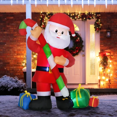 HOMCOM 6ft Santa Claus Inflatables with Candy Cane, LED Decor