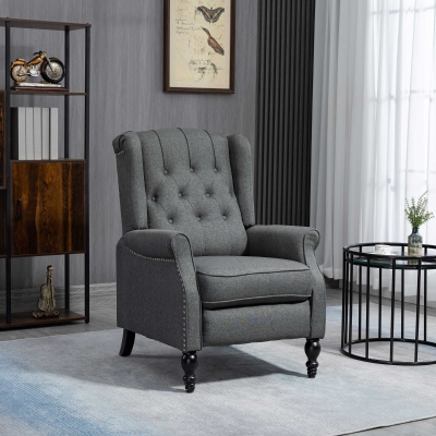 HOMCOM Wingback Reclining Chair with Footrest, Button Tufted Recliner Chair with Rolled Armrests for Living Room, Dark Grey