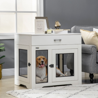 PawHut Dog Crate Furniture with Cushion, 2 Doors, Storage, Dog Kennel End Table for Small Medium Dogs, White