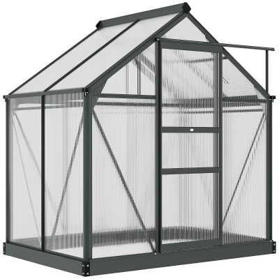 Outsunny Greenhouse Garden, Green House, Outdoor Greenhouse Kit, PC Board with Sliding Door, 6.2' x 4.3' x 6.6', Grey