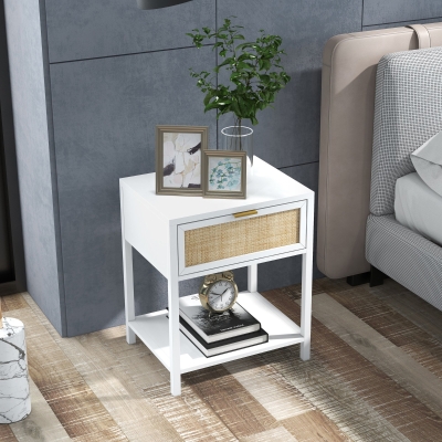 HOMCOM Boho Nightstand, Bedside Table with Rattan Drawer and Open Shelf, Side End Table for Bedroom, Living Room