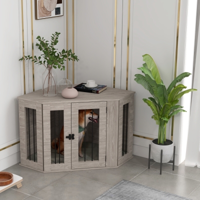 PawHut Dog Crate Furniture with Cushion, 41 Inch Corner Design Dog Crate End Table for Medium Dogs, Walnut Brown