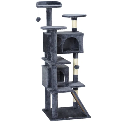 PawHut 54" Cat Tree, Multi-Level Cat Tower with Scratching Posts, Cat Condos, Bed, Platforms, Ramp, Toy Ball, Dark Grey