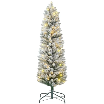 HOMCOM 5ft Artificial Prelit Christmas Tree with Warm White LED Light, Snow Flocked Branches, Metal Base, Pencil Xmas Tree