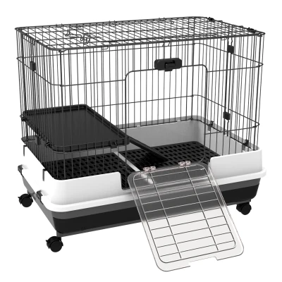 PawHut 28"H 2-Level Small Animal Cage Rabbit Hutch with Universal Lockable Wheels, Slide-Out Tray for Bunny, Chinchillas, Ferret, Black