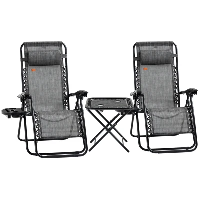 Outsunny Zero Gravity Chair Set of 2 Patio Chair with Side Table Cupholders and Pillows for Pool, Backyard, Lawn, Beach, Grey