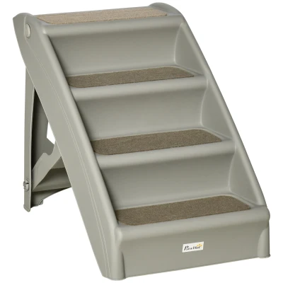 PawHut 4-Level Portable Dog Stairs, Foldable Dog Steps for Small Dogs, Lightweight Cat Steps, with Nonslip Soft Mats, for High Bed, Sofa, Grey