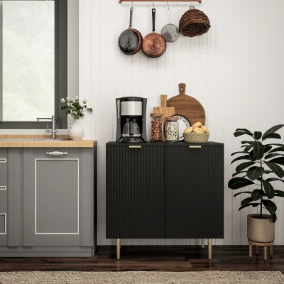 HOMCOM Modern Kitchen Storage Cabinet, Sideboard Buffet Cabinet with Adjustable Shelves and Metal Legs for Kitchen, Black
