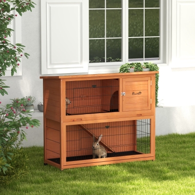 PawHut Wooden Rabbit Hutch with Trays, Ramp, Asphalt Roof, Doors for 1-2 Rabbits, 47" x 20" x 40", Orange