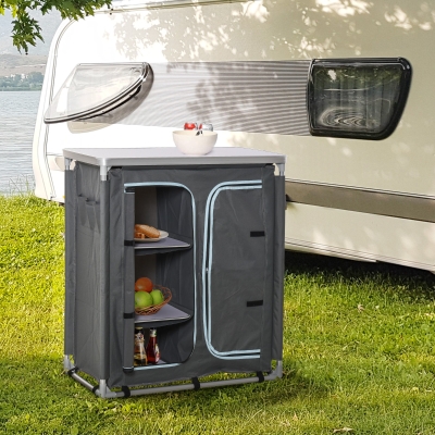 Outsunny Aluminum Camping Table, Camping Kitchen Station Cook Cupborad with 3-Shelf, Storage Organiser for BBQ Party Picnic Grey