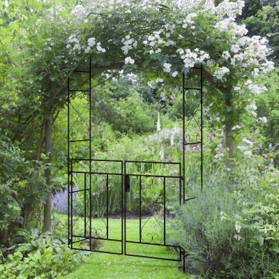 Outsunny 7.6FT Metal Garden Arch with Gate, Garden Arbor Trellis for Climbing Plants, Roses, Vines, Wedding Arch, Black
