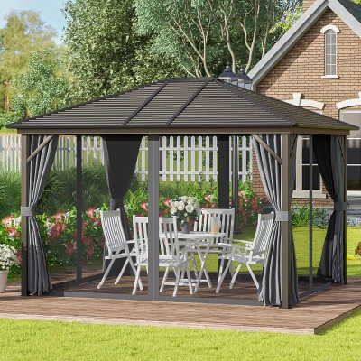 Outsunny 10' x 12' Hardtop Gazebo, Metal Pavilion with Curtains, Dark Gray