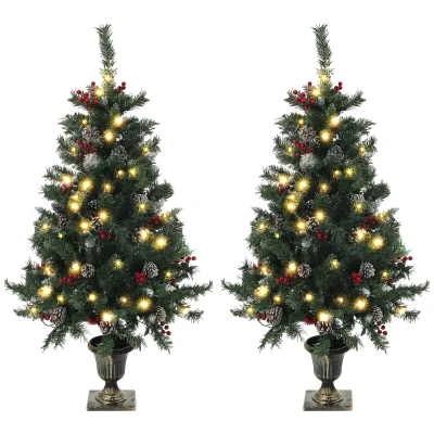 HOMCOM 4FT Pre-Lit Decorated Christmas Tree with Red Berries and Pine Cones Snow Flocked Christmas Tree with LED Lights Green