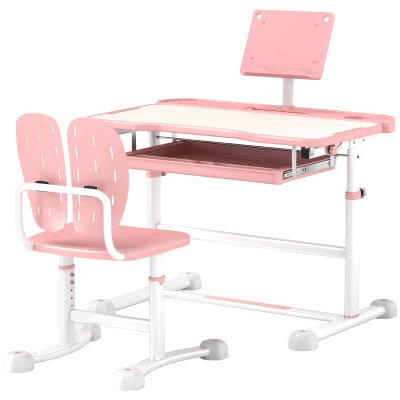 Qaba Height Adjustable Kids Desk and Chair Set with Tilt Desktop, Large Writing Board, Storage Drawer, Book Stand, Pink
