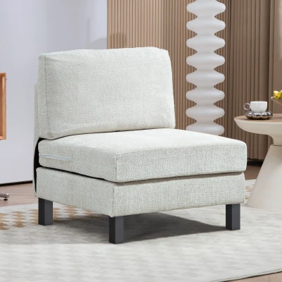 HOMCOM Modular Armless Upholstered Chair with Wood Legs, Cream White