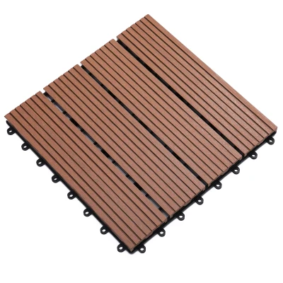 Outsunny 11 Pcs Plastic Interlocking Deck Tiles, 12" x 12" Non-slip Flooring Tiles for Indoor Outdoor Patio Balcony, Light Brown